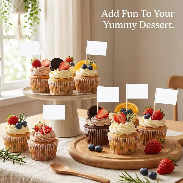 Alt view image 3 of 7 - 100 PCS Blank Toothpick Flags, Cheese Markers Blank Cupcake Topper Sticks Food Signs for Party Buffet Cheese Labels White Decorative Toothpicks for Appetizers Sandwiches Food Fruit Party Decoration