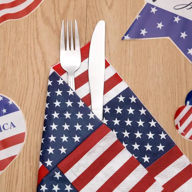 Alt view image 2 of 7 - Quera 60 Pack 4th of July Paper Napkins Patriotic American Flag Disposable Napkins 6.5'' X 6.5'' Stars And Stripes Cocktail Beverage Napkins Independence Day Home Kitchen Dinner Party Supplies