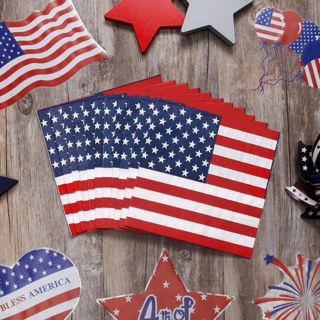 Alt view image 3 of 7 - Quera 60 Pack 4th of July Paper Napkins Patriotic American Flag Disposable Napkins 6.5'' X 6.5'' Stars And Stripes Cocktail Beverage Napkins Independence Day Home Kitchen Dinner Party Supplies