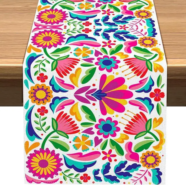 Main image of Vohado Mexican Floral Table Runner Dia De Los Muertos Decoration Cinco De Mayo Let's Fiesta Party Supply Home Kitchen Altar Decor (13" x 72", Pattern-B)