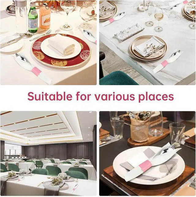 Alt view image 7 of 7 - Germiwipe 500 Pcs Self-Adhesive Napkin Bands (Pink) | Disposable Paper Napkin Rings for Wrapping Silverware Baby Shower, Birthday & Bridal Shower