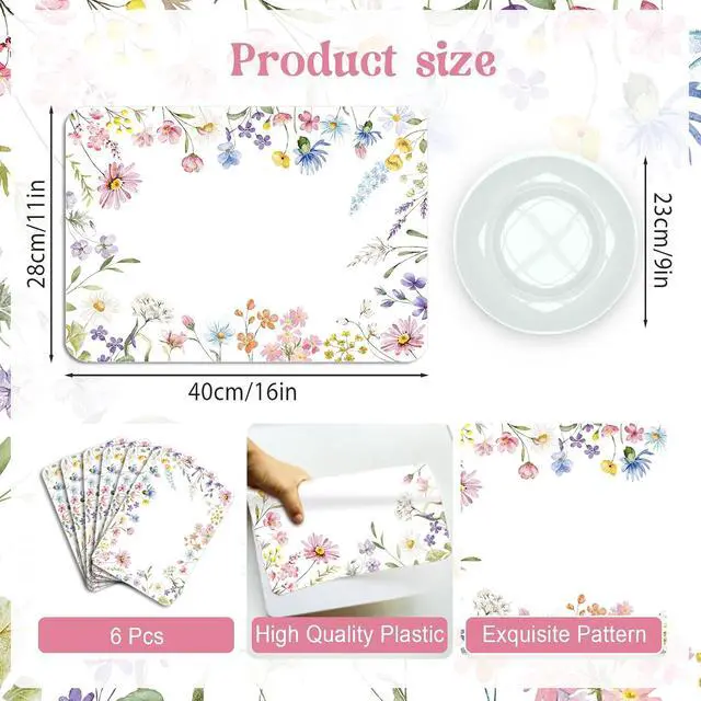 Alt view image 2 of 7 - 6 Pcs Wildflower Placemats, 11x16 Inch Summer Floral Plastic Placemats Flower Table Mats for Wedding Birthday Home Party Table Settings Supplies