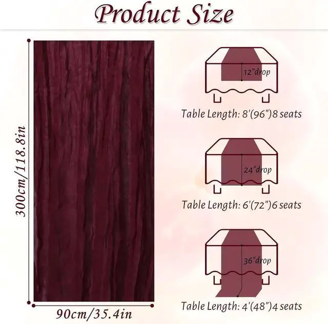 Alt view image 2 of 7 - 1 Pack Cheesecloth Table Runner Boho Rustic Gauze (Burgundy Red) | Suitable for Wedding and Baby Shower, Spring Home Decorations, Mothers Day and Bridal Birthday Party Supplies