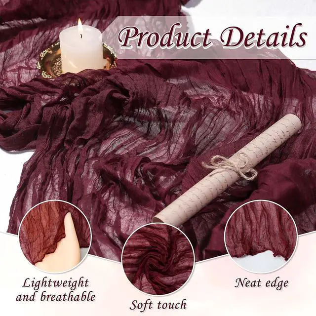 Alt view image 3 of 7 - 1 Pack Cheesecloth Table Runner Boho Rustic Gauze (Burgundy Red) | Suitable for Wedding and Baby Shower, Spring Home Decorations, Mothers Day and Bridal Birthday Party Supplies