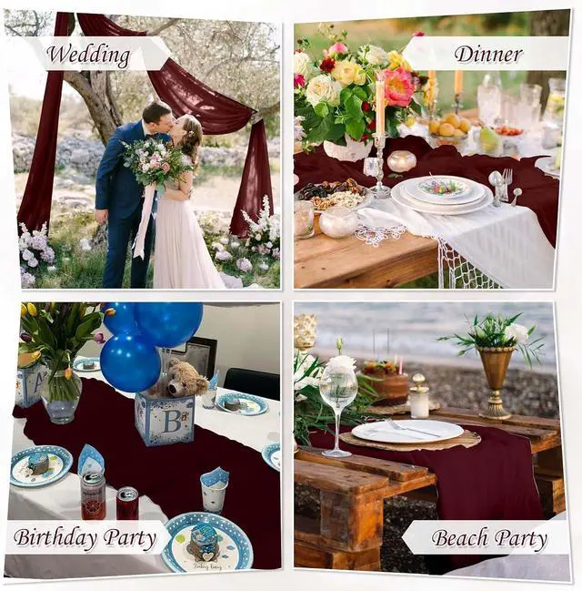 Alt view image 7 of 7 - 1 Pack Cheesecloth Table Runner Boho Rustic Gauze (Burgundy Red) | Suitable for Wedding and Baby Shower, Spring Home Decorations, Mothers Day and Bridal Birthday Party Supplies