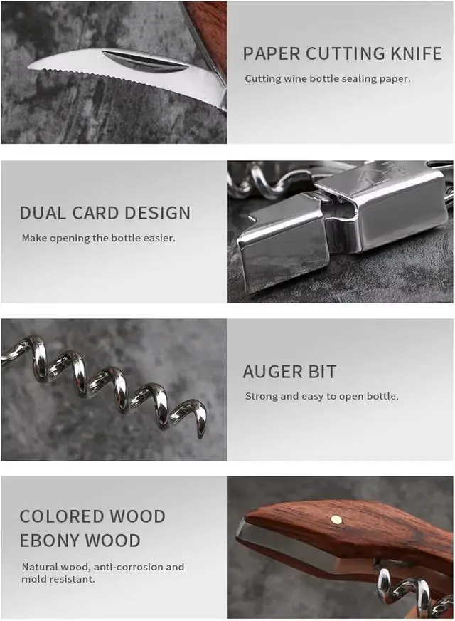 Alt view image 4 of 6 - Professional Wine Opener Corkscrew with Wooden Handle Stainless Steel Wine Key for Bartenders, Waiters Corkscrew Wine Bottle Opener