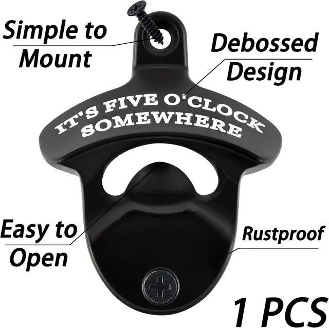 Alt view image 2 of 5 - Rustproof Wall Mounted Bottle Opener Black with White, Stainless It's Five O'Clock Somewhere Beer Bottle Cap Opener Cooler Mounted for Party Kitchen