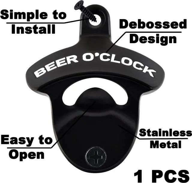 Alt view image 2 of 5 - Stainless Beer Bottle Cap Opener Wall Mounted BEER O'CLOCK | White Debossed, Screw in Wall For Wood Board Table Cooler Gift