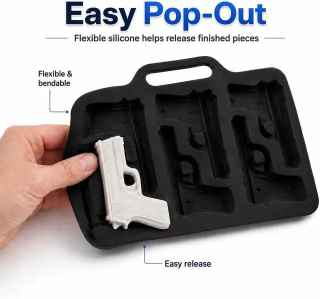 Alt view image 2 of 7 - Black Silicone Gun Pistol Chocolate Mold Ice Cube Soap Tray Party 3 PACK Molds