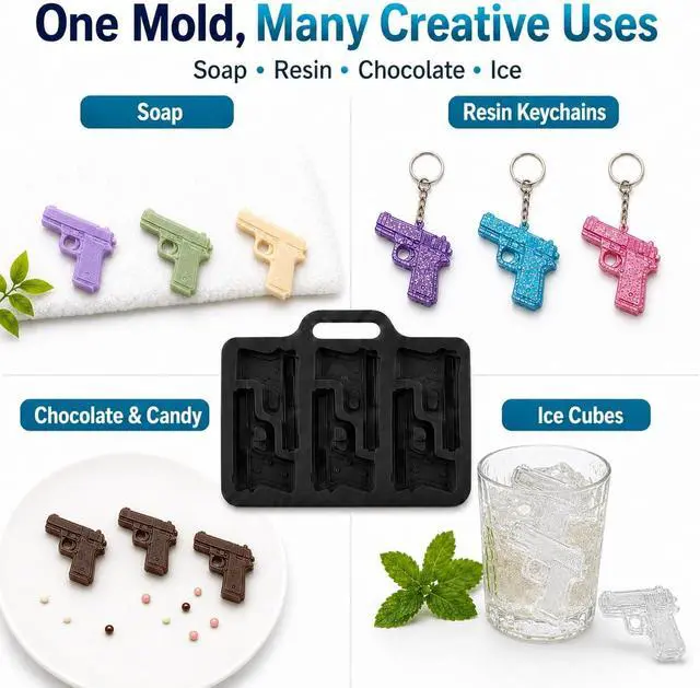 Alt view image 4 of 7 - Black Silicone Gun Pistol Chocolate Mold Ice Cube Soap Tray Party 3 PACK Molds