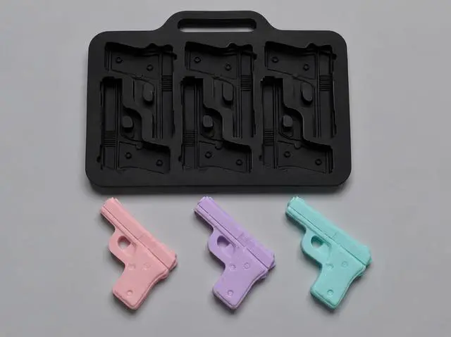 Alt view image 5 of 7 - Black Silicone Gun Pistol Chocolate Mold Ice Cube Soap Tray Party 3 PACK Molds