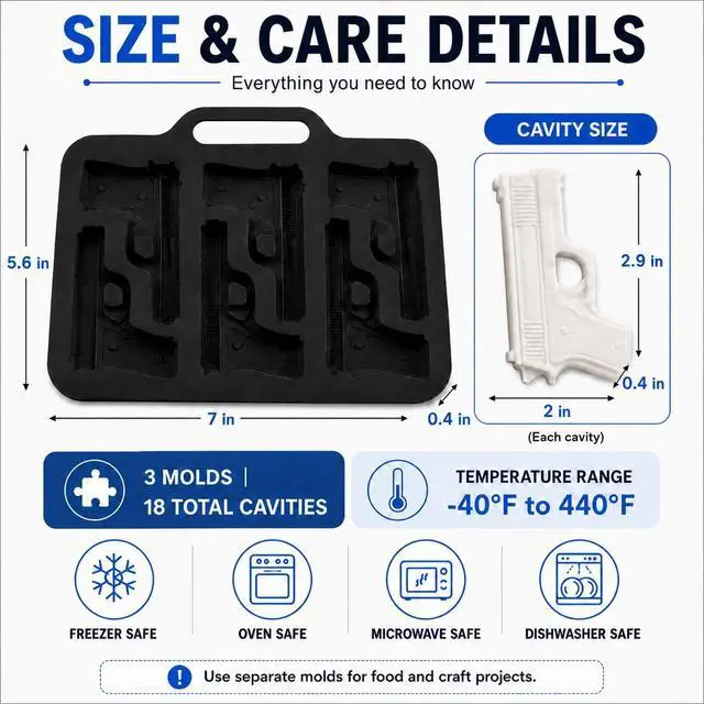 Alt view image 7 of 7 - Black Silicone Gun Pistol Chocolate Mold Ice Cube Soap Tray Party 3 PACK Molds