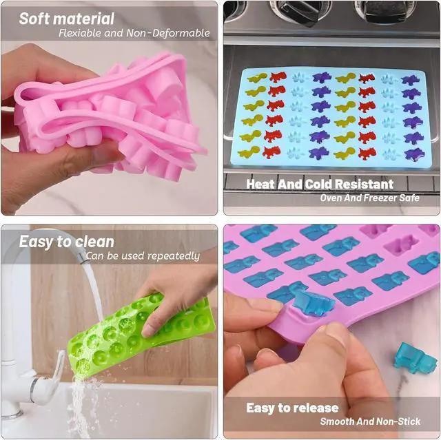 Alt view image 4 of 6 - Sakolla Gummy Candy Molds Silicone with 2 Droppers Pack of 4 Mini Silicone Molds Including Dinosaur, Bear Shape, Hearts and Donut Gummie Chocolate Molds for Kids