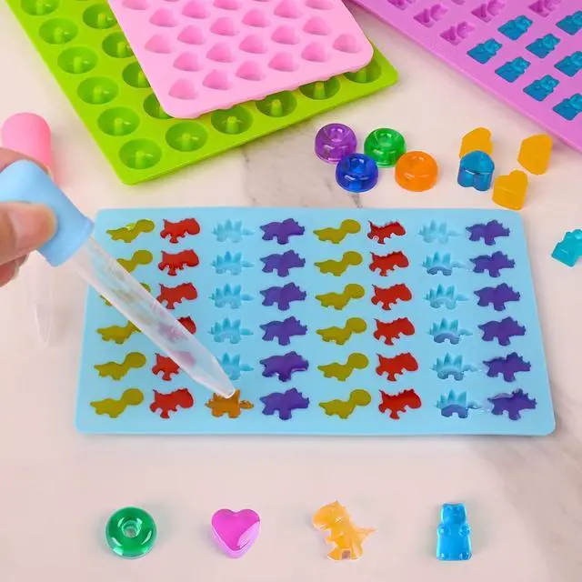 Alt view image 5 of 6 - Sakolla Gummy Candy Molds Silicone with 2 Droppers Pack of 4 Mini Silicone Molds Including Dinosaur, Bear Shape, Hearts and Donut Gummie Chocolate Molds for Kids