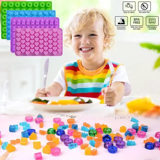Alt view image 6 of 6 - Sakolla Gummy Candy Molds Silicone with 2 Droppers Pack of 4 Mini Silicone Molds Including Dinosaur, Bear Shape, Hearts and Donut Gummie Chocolate Molds for Kids