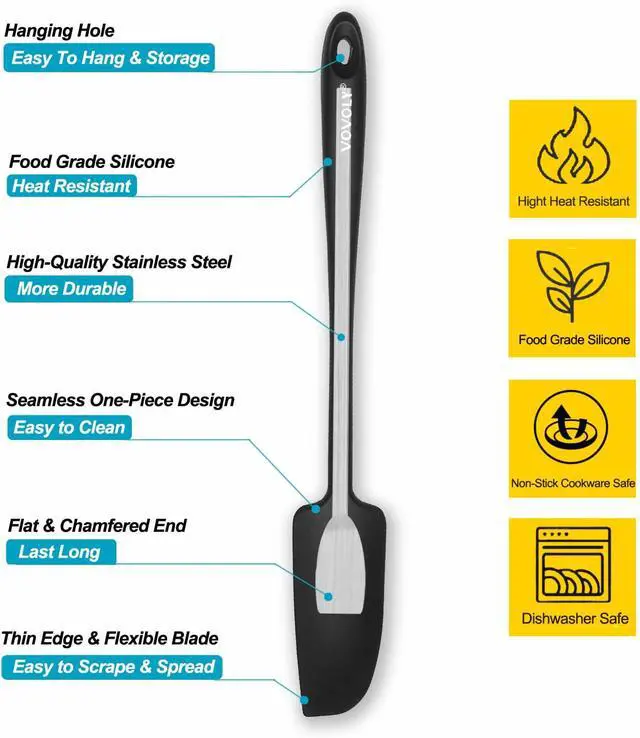 Alt view image 3 of 6 - 2-Pack Vovoly Silicone Jar Spatulas, Small Seamless Design Rubber Scraper with Stainless Steel Core, Heat Resistant and Non-Stick Mini Spatula for Jars and Blenders, BPA Free,11 IN, Black