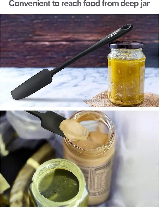 Alt view image 4 of 6 - 2-Pack Vovoly Silicone Jar Spatulas, Small Seamless Design Rubber Scraper with Stainless Steel Core, Heat Resistant and Non-Stick Mini Spatula for Jars and Blenders, BPA Free,11 IN, Black