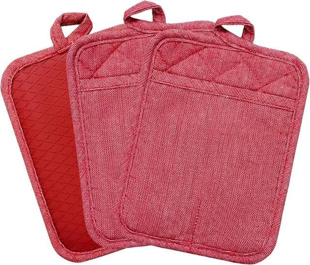 Main image of Pot Holders Yarn-Dyed Set of 3 Non Slip Silicone Kitchen Lines | Heat Resistant 500 Kitchen Gloves BBQ Cooking Baking Women Men Cooking Barbecue Microwave Machine Washable (Red Potholders)