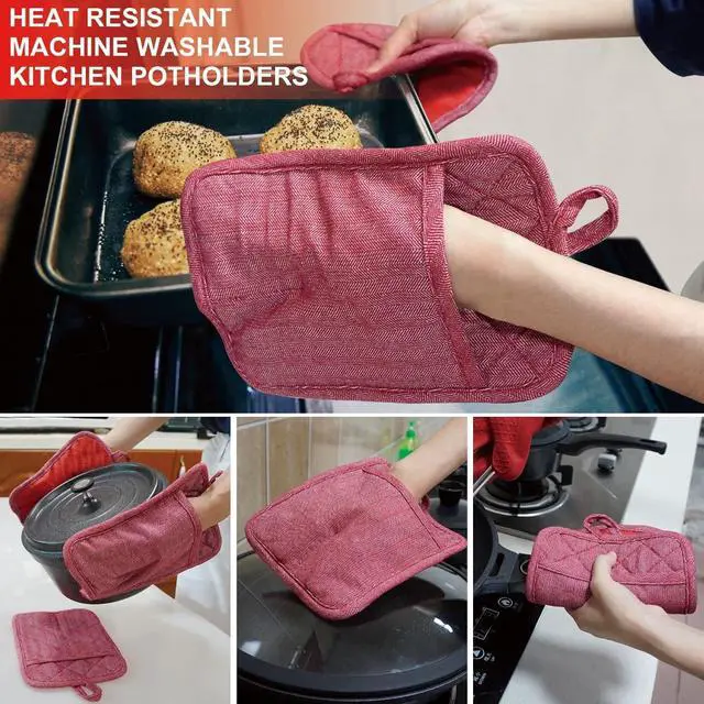 Alt view image 6 of 7 - Pot Holders Yarn-Dyed Set of 3 Non Slip Silicone Kitchen Lines | Heat Resistant 500 Kitchen Gloves BBQ Cooking Baking Women Men Cooking Barbecue Microwave Machine Washable (Red Potholders)