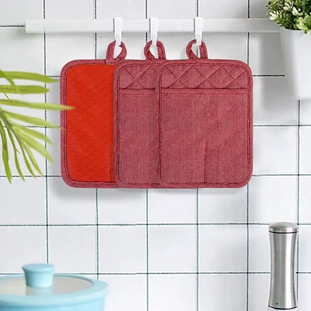 Alt view image 7 of 7 - Pot Holders Yarn-Dyed Set of 3 Non Slip Silicone Kitchen Lines | Heat Resistant 500 Kitchen Gloves BBQ Cooking Baking Women Men Cooking Barbecue Microwave Machine Washable (Red Potholders)