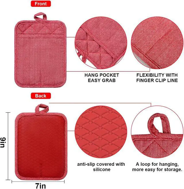 Alt view image 2 of 7 - Pot Holders Yarn-Dyed Set of 3 Non Slip Silicone Kitchen Lines | Heat Resistant 500 Kitchen Gloves BBQ Cooking Baking Women Men Cooking Barbecue Microwave Machine Washable (Red Potholders)