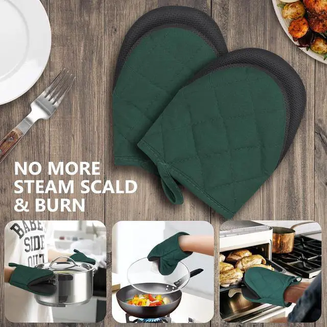 Alt view image 7 of 7 - 1 Pair Short Oven Mitts - Silicone Kitchen Oven Gloves High Heat Resistant 500, Mini Oven Mits with Non-Slip Grip Surfaces and Hanging Loop for BBQ, Baking, Cooking and Grilling (ArmyGreen)