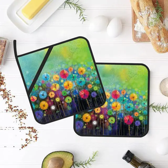 Alt view image 4 of 7 - Abstract Floral Watercolor Painting Pot Holders Set of 2 Kitchen Heat Resistant Potholder for Microwave Cooking Baking Oven End Dishes and BBQ