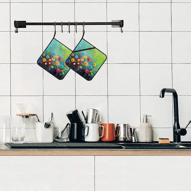 Alt view image 5 of 7 - Abstract Floral Watercolor Painting Pot Holders Set of 2 Kitchen Heat Resistant Potholder for Microwave Cooking Baking Oven End Dishes and BBQ