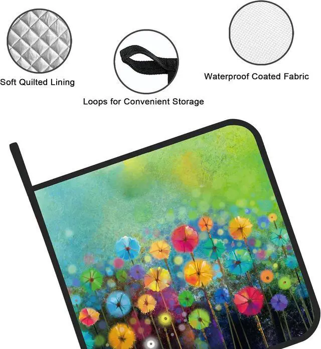 Alt view image 3 of 7 - Abstract Floral Watercolor Painting Pot Holders Set of 2 Kitchen Heat Resistant Potholder for Microwave Cooking Baking Oven End Dishes and BBQ