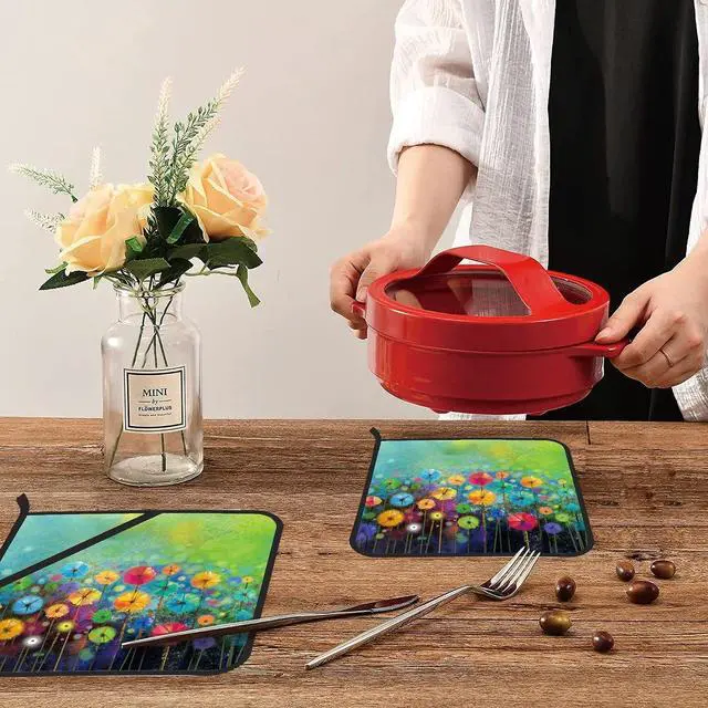 Alt view image 6 of 7 - Abstract Floral Watercolor Painting Pot Holders Set of 2 Kitchen Heat Resistant Potholder for Microwave Cooking Baking Oven End Dishes and BBQ