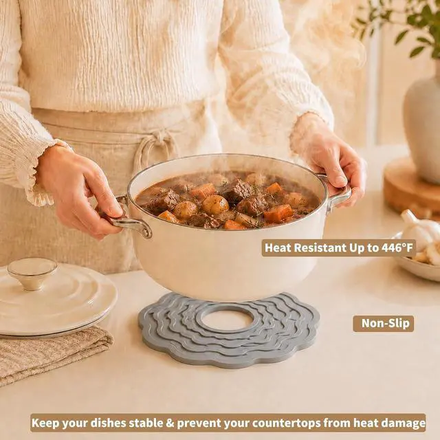 Alt view image 3 of 7 - Silicone Trivets for Hot Dishes, Pots and Pans, 8 Inch Hot Pads for Kitchen | Soft blue, cream and warm gray flower-inspired trivets add calm decor while protecting tables and counters from heat