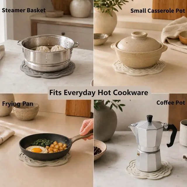 Alt view image 4 of 7 - Silicone Trivets for Hot Dishes, Pots and Pans, 8 Inch Hot Pads for Kitchen | Soft blue, cream and warm gray flower-inspired trivets add calm decor while protecting tables and counters from heat