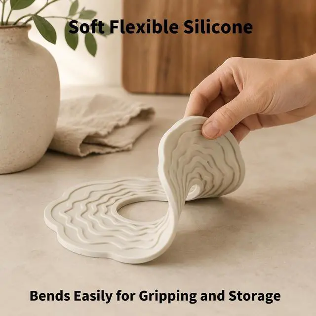 Alt view image 7 of 7 - Silicone Trivets for Hot Dishes, Pots and Pans, 8 Inch Hot Pads for Kitchen | Soft blue, cream and warm gray flower-inspired trivets add calm decor while protecting tables and counters from heat