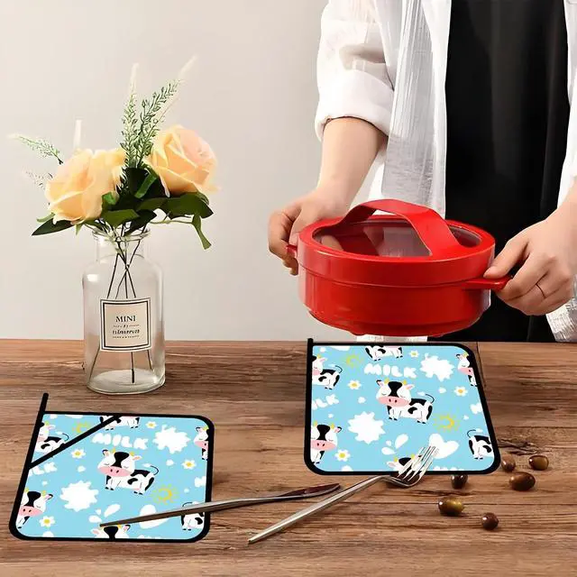 Alt view image 5 of 7 - Pot Holders for Kitchen Heat Resistant Pot Holders,Cute Cartoon Black and White Cow Set of 2 Oven Hot Pads for Cooking Baking BBQ Gifts for Women Men