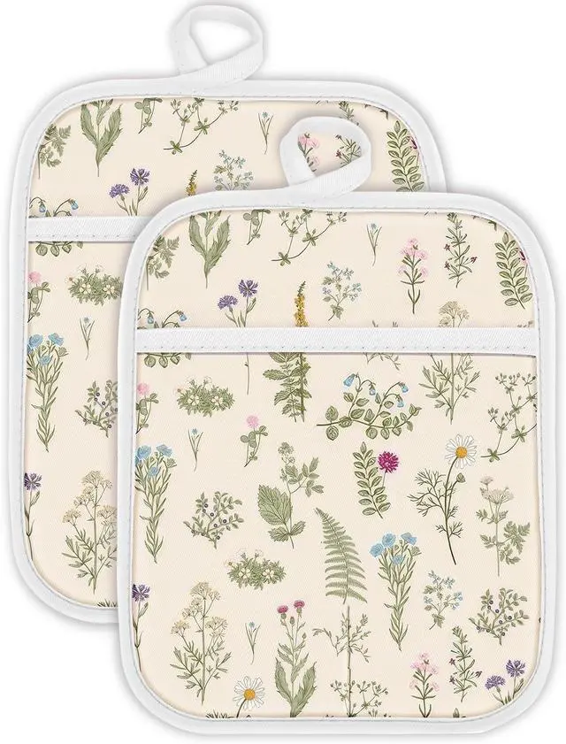 Main image of Swooflia 100% Cotton Pot Holders 2 Pack Set for Kitchen with Pockets - Cute 440°F Heat Resistant Oven Hot Pads Heavy Duty for Countertop Home Cooking Baking Microwave BBQ Retro Flower