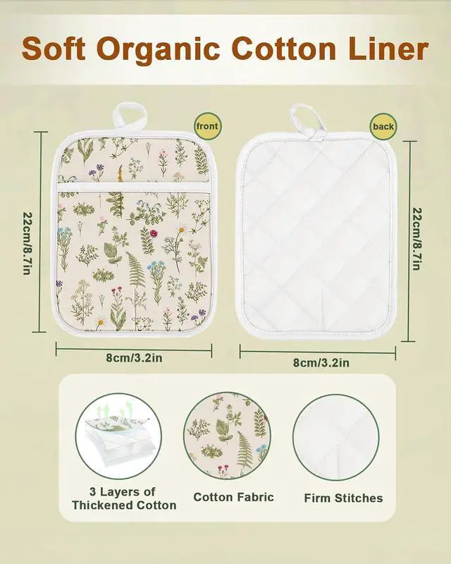 Alt view image 2 of 7 - Swooflia 100% Cotton Pot Holders 2 Pack Set for Kitchen with Pockets - Cute 440°F Heat Resistant Oven Hot Pads Heavy Duty for Countertop Home Cooking Baking Microwave BBQ Retro Flower