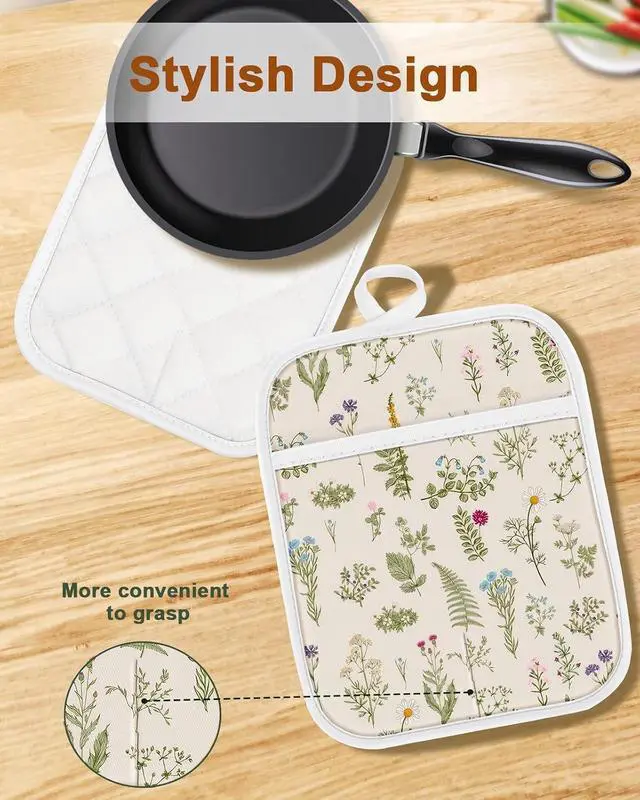 Alt view image 4 of 7 - Swooflia 100% Cotton Pot Holders 2 Pack Set for Kitchen with Pockets - Cute 440°F Heat Resistant Oven Hot Pads Heavy Duty for Countertop Home Cooking Baking Microwave BBQ Retro Flower