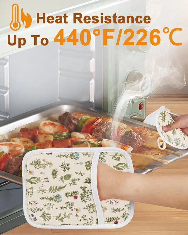 Alt view image 3 of 7 - Swooflia 100% Cotton Pot Holders 2 Pack Set for Kitchen with Pockets - Cute 440°F Heat Resistant Oven Hot Pads Heavy Duty for Countertop Home Cooking Baking Microwave BBQ Retro Flower