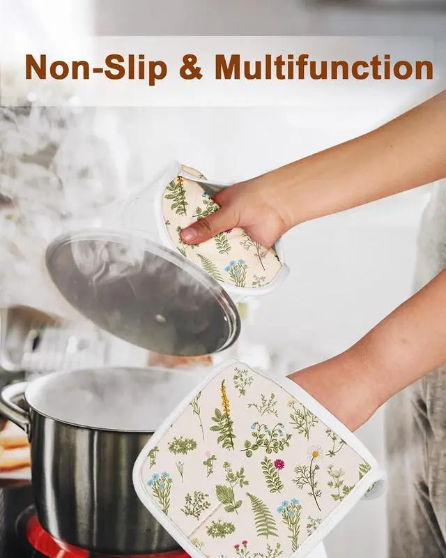 Alt view image 5 of 7 - Swooflia 100% Cotton Pot Holders 2 Pack Set for Kitchen with Pockets - Cute 440°F Heat Resistant Oven Hot Pads Heavy Duty for Countertop Home Cooking Baking Microwave BBQ Retro Flower