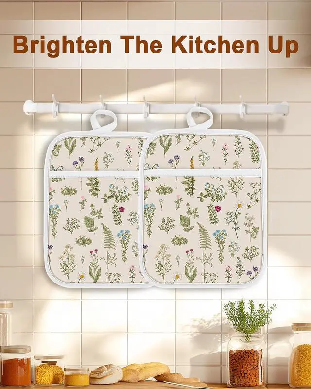 Alt view image 7 of 7 - Swooflia 100% Cotton Pot Holders 2 Pack Set for Kitchen with Pockets - Cute 440°F Heat Resistant Oven Hot Pads Heavy Duty for Countertop Home Cooking Baking Microwave BBQ Retro Flower