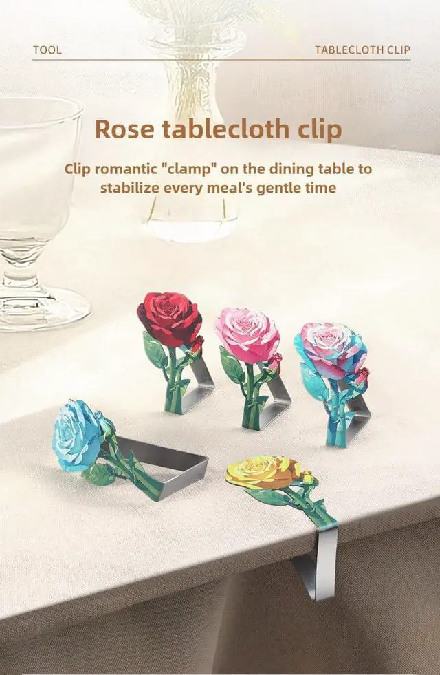 Alt view image 2 of 7 - 4PCS Rose Table Clips Stainless Steel - Heavy Duty Windproof Tablecloth Clamps for Wedding, Picnic, Camping | 1.8" Super Grip Indoor/Outdoor | Rust-Proof Decorative Clips 4 Pack (Blue Rose)