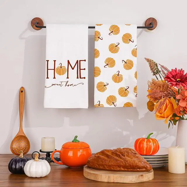 Alt view image 3 of 6 - Fall Kitchen Towels 18x26 Inch Set of 2 Autumn Thanksgiving Kitchen Decor | Watercolor Orange Pumpkin Sweet Home Vintage Farmhouse Seasonal Ultra Absorbent Hand & Dish Towels Drying Dishcloth