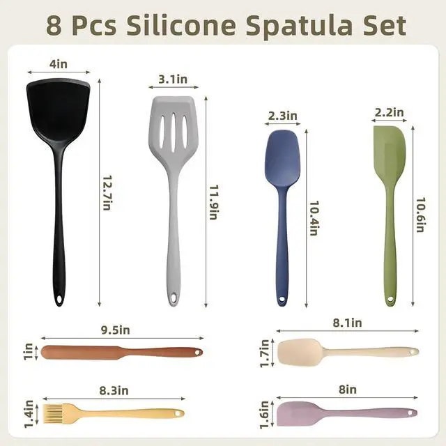Alt view image 5 of 7 - 8-Piece Silicone Spatula Set, 600°F Heat Resistant, Food Grade Silicone Outer Layer, Earth Tone Dominated, Non Stick Utensils for Cooking & Baking