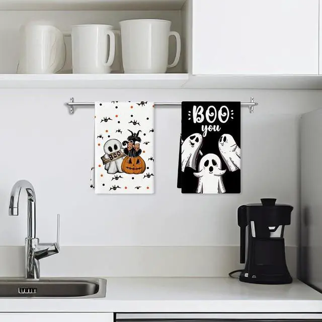 Alt view image 4 of 7 - 4 Pcs Halloween Kitchen Towels Funny Hand Towels for Bathroom | 16x24 Inch Spooky Boo Ghost Dish Cloths Pumpkin Bat Ghost Halloween Bathroom Decortions Housewarming Gift for Home Wall Decor