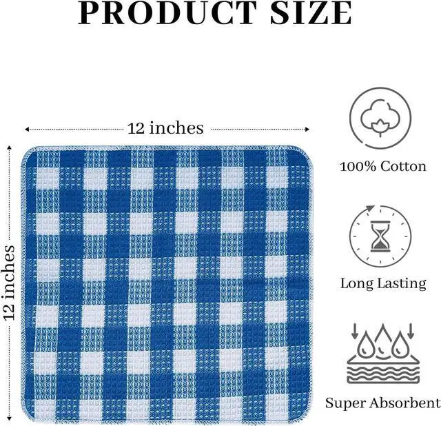 Alt view image 5 of 7 - Blue Needles Set of 6 Waffle Weave Check Plaid Dish Cloths, 12x12 Inches 100% Cotton Dish Towels for Kitchen, Ultra Soft & Absorbent Kitchen Towels for Quick Drying Spring Summer - Sky Blue & White