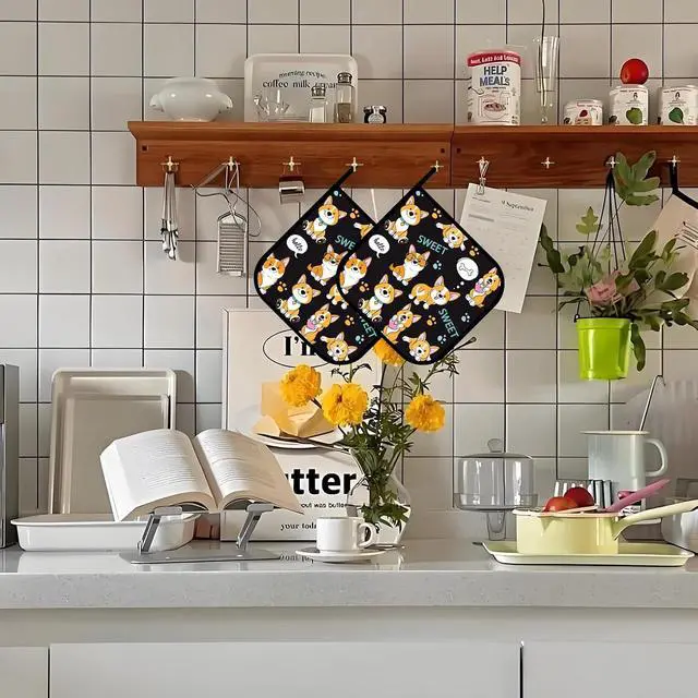Alt view image 4 of 7 - Cute Dogs Corgi Pot Holders 2 PCS,Kitchen Heat Resistant Hot Pads for Cooking Grilling Baking BBQ, Pot Holders for Women Cook Home Microwave
