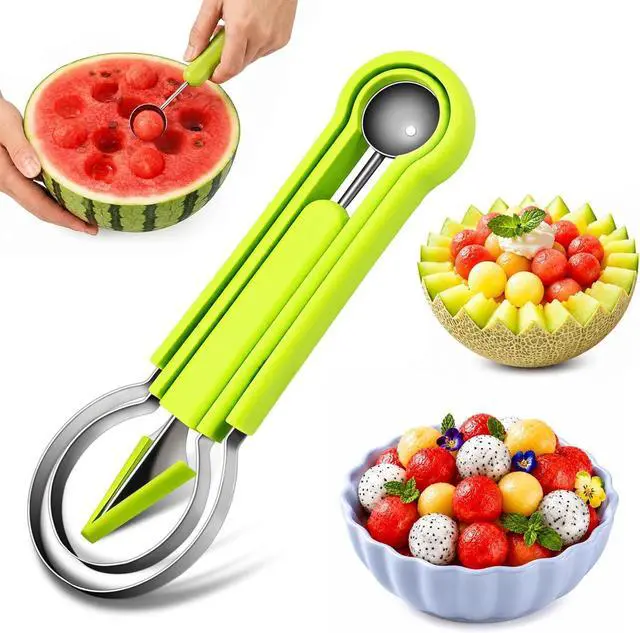 Main image of Suuker 4 in 1 Melon Baller Scoop Set, Green | Stainless Steel, Fruit Cutters Shapes, Watermelon Scooper and Baller, Fruit Carving Tools