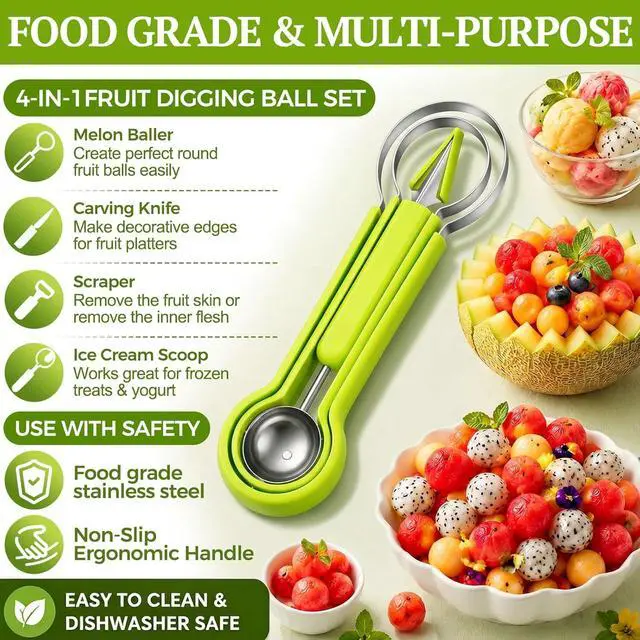 Alt view image 3 of 7 - Suuker 4 in 1 Melon Baller Scoop Set, Green | Stainless Steel, Fruit Cutters Shapes, Watermelon Scooper and Baller, Fruit Carving Tools
