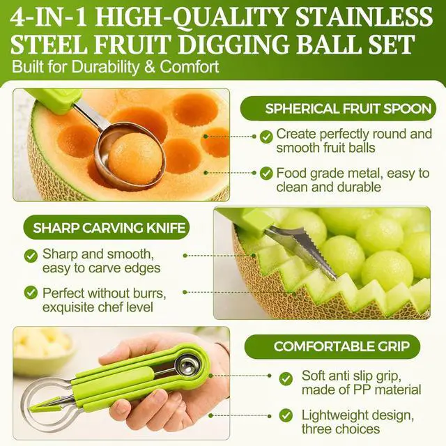 Alt view image 4 of 7 - Suuker 4 in 1 Melon Baller Scoop Set, Green | Stainless Steel, Fruit Cutters Shapes, Watermelon Scooper and Baller, Fruit Carving Tools