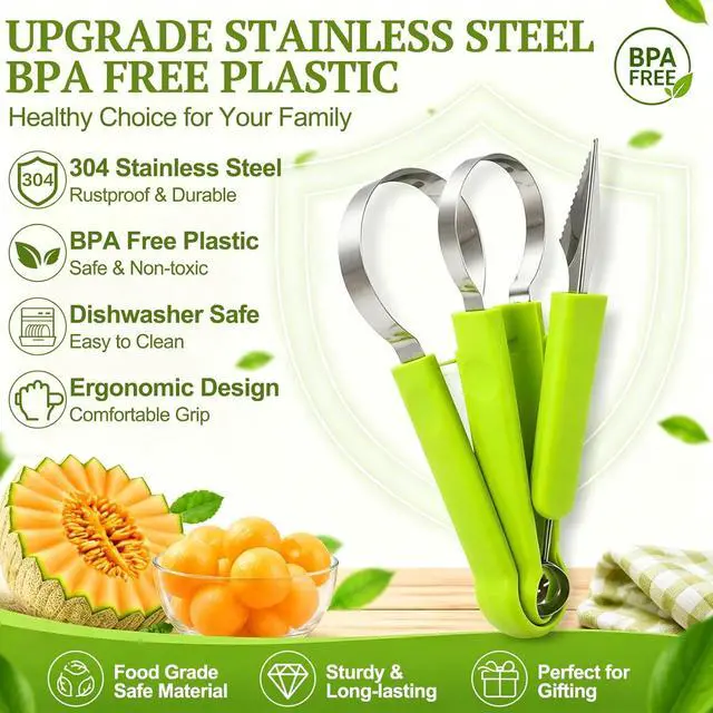 Alt view image 6 of 7 - Suuker 4 in 1 Melon Baller Scoop Set, Green | Stainless Steel, Fruit Cutters Shapes, Watermelon Scooper and Baller, Fruit Carving Tools